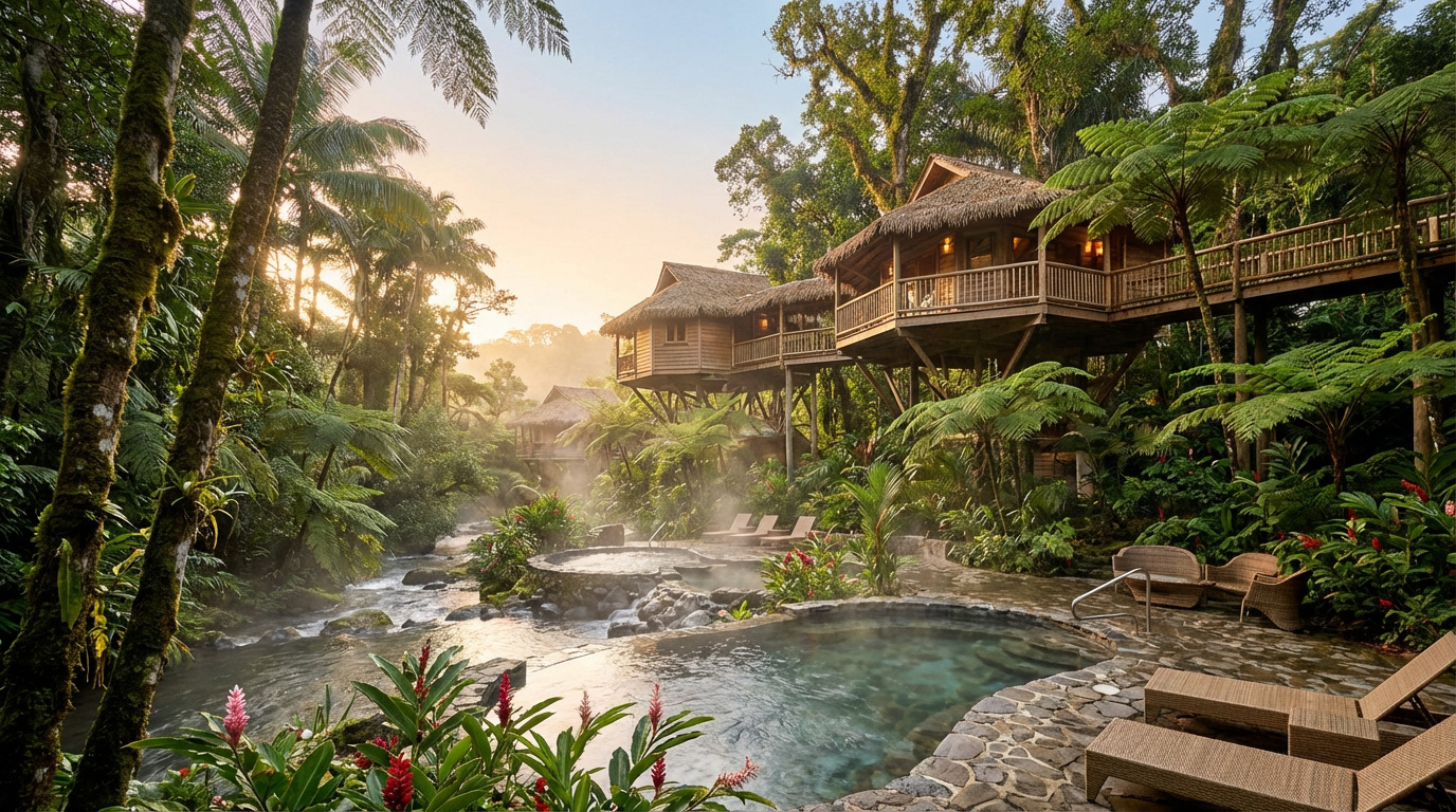 Tendacayou Guadeloupe : Écolodge avec cabanes sur pilotis, bassins d'eau chaude fumants et rivière tropicale au lever du soleil.
