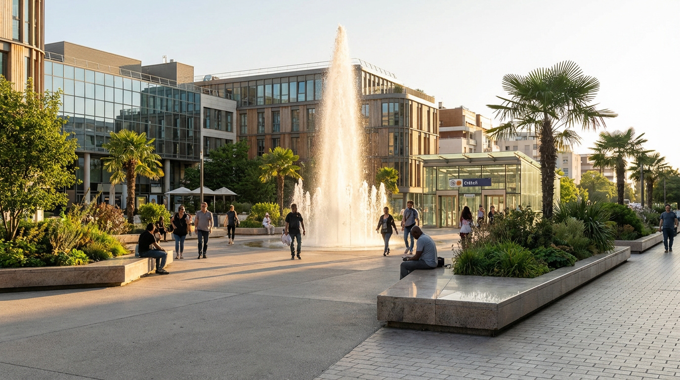 L'esplanade des Abymes à Créteil, avec sa grande fontaine centrale, des palmiers, des passants et l'entrée d'un métro.
