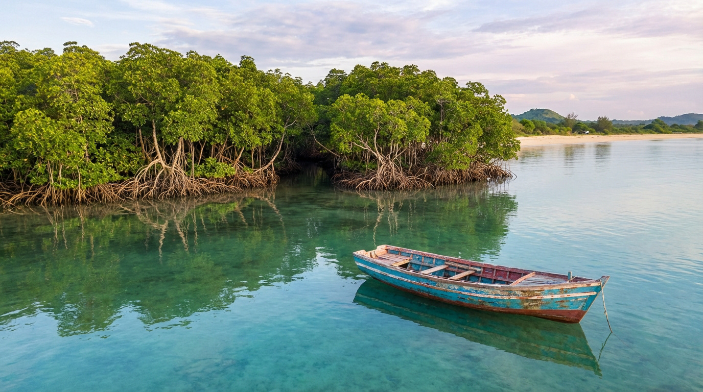 Une vieille barque en bois bleu-rouge flotte sur une eau turquoise cristalline, bordée par une forêt dense de mangroves. Au loin, une plage et des collines.