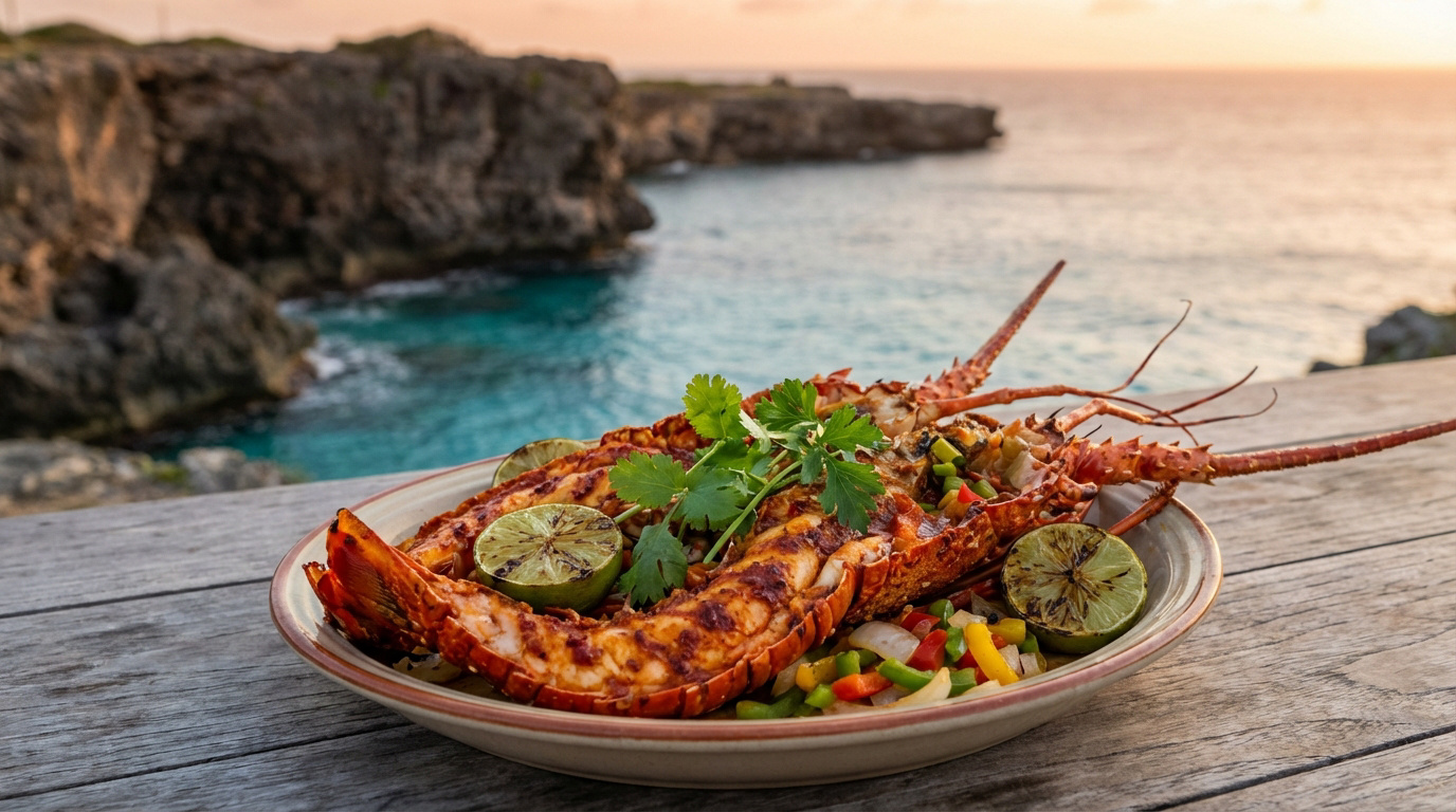 Un homard grillé servi avec légumes et citrons verts sur une table en bois, surplombant une mer turquoise et des falaises au coucher du soleil.