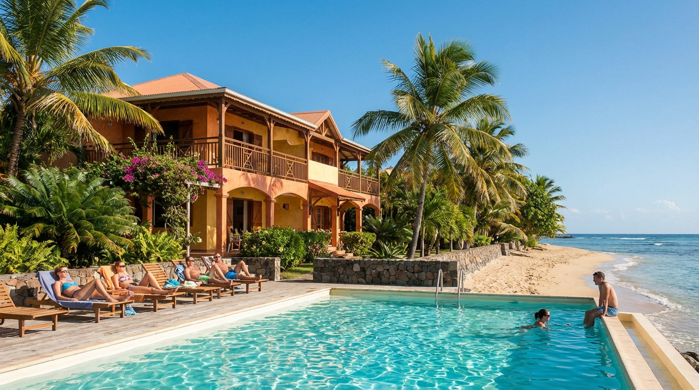 Un hôtel tropical en Guadeloupe, avec piscine en front de mer, plage de sable, palmiers et personnes se relaxant.