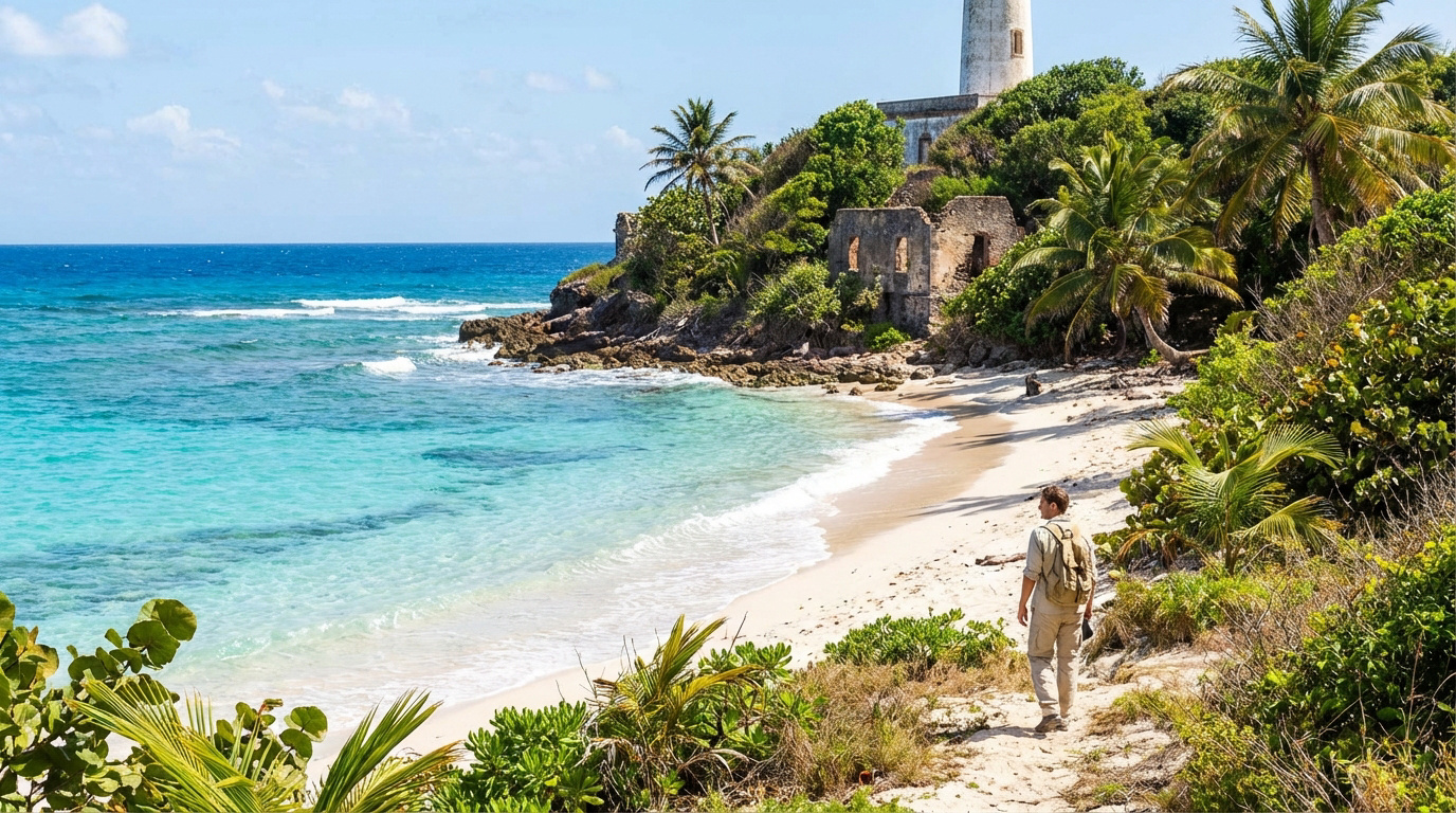 Un randonneur marche sur un sentier de sable le long d'une plage tropicale à la Désirade, avec mer turquoise, phare et ruines.