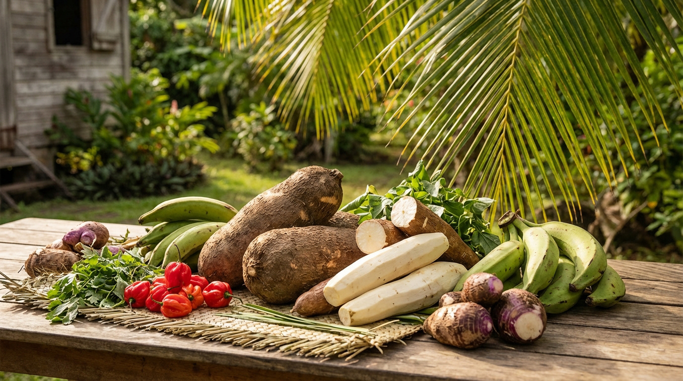 Assortiment coloré de légumes racines de Guadeloupe (manioc, igname, taro), bananes plantain, piments et herbes, sur une table en bois dans un décor tropical.