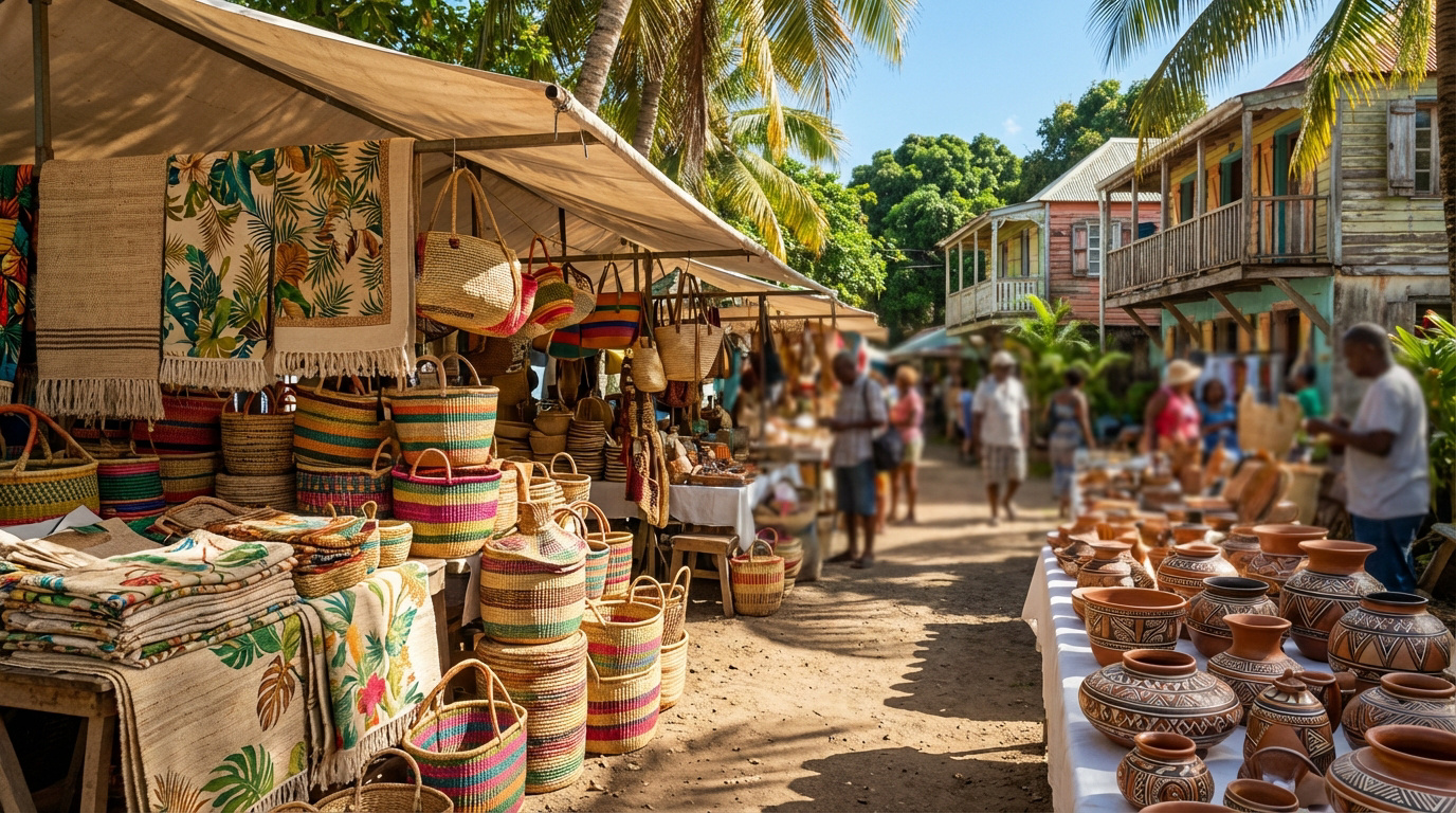 Un marché artisanal en plein air en Guadeloupe, avec des étals remplis de paniers tressés colorés, de tissus à motifs tropicaux et de poteries.