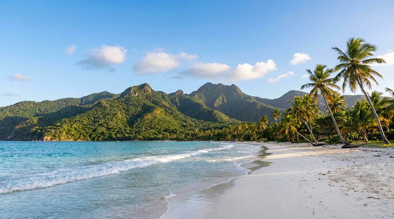 Plage idyllique de Guadeloupe avec sable blanc, mer turquoise, palmiers et montagnes verdoyantes sous un ciel bleu.