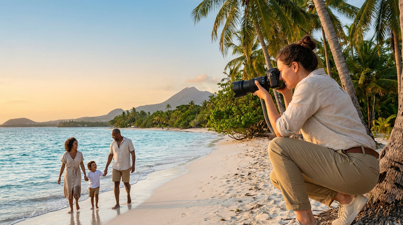 Photographe professionnelle en action sur une plage de Guadeloupe, immortalisant une famille marchant main dans la main au lever/coucher de soleil.