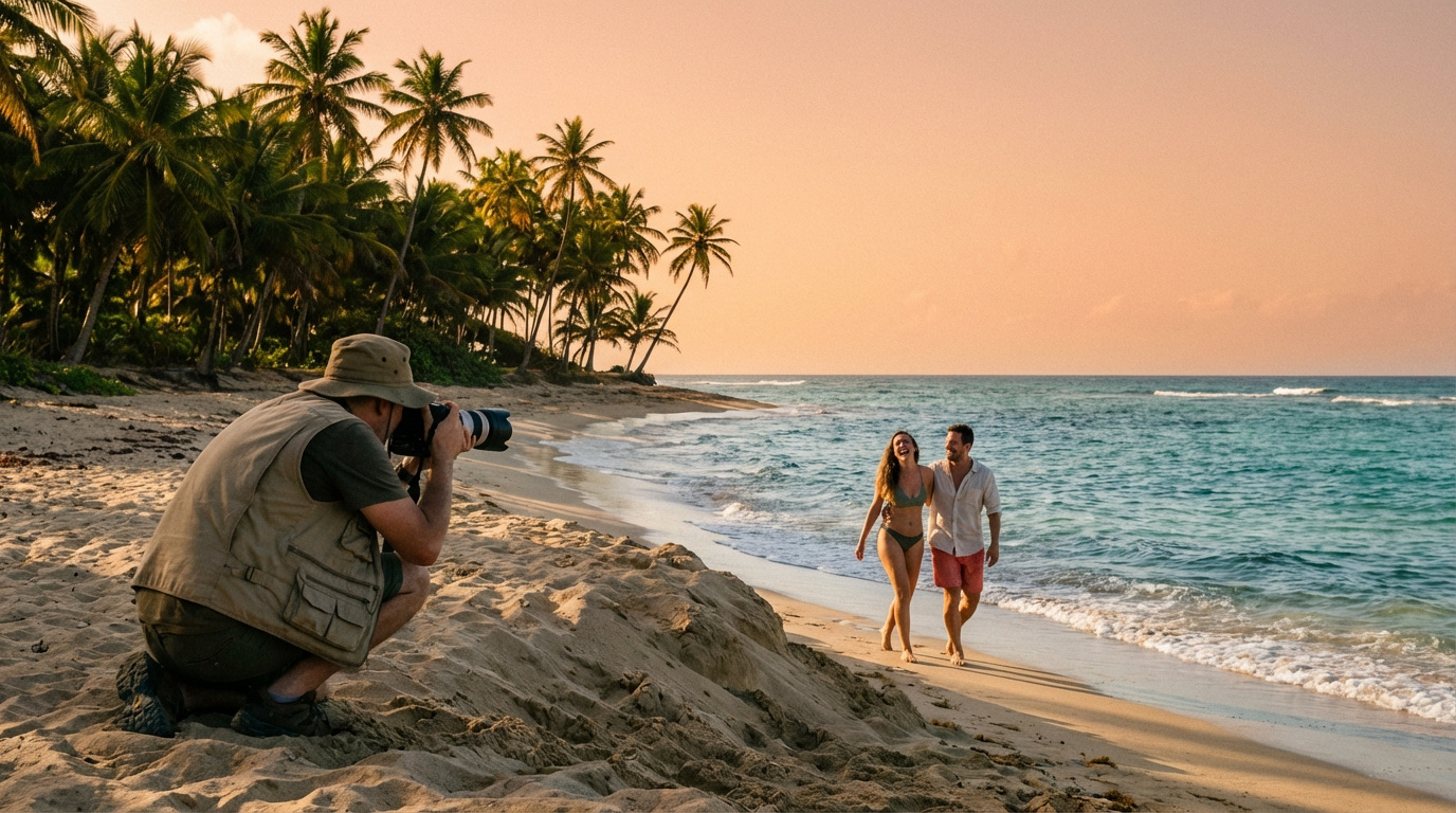 Photographe en Guadeloupe capture un couple marchant main dans la main sur une plage de sable fin bordée de palmiers au coucher du soleil.