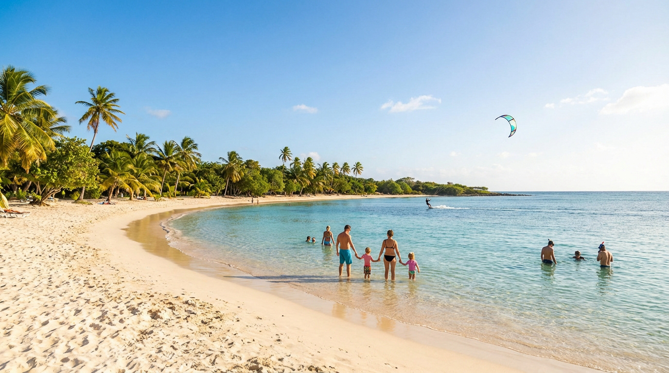 Vue panoramique de la plage de Bois Jolan avec sable blanc, palmiers et mer turquoise. Une famille et des baigneurs profitent du lagon.