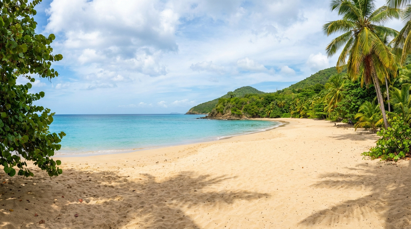Plage de Deshaies, Guadeloupe: sable doré, eaux turquoise claires, végétation luxuriante et palmiers sous ciel bleu.