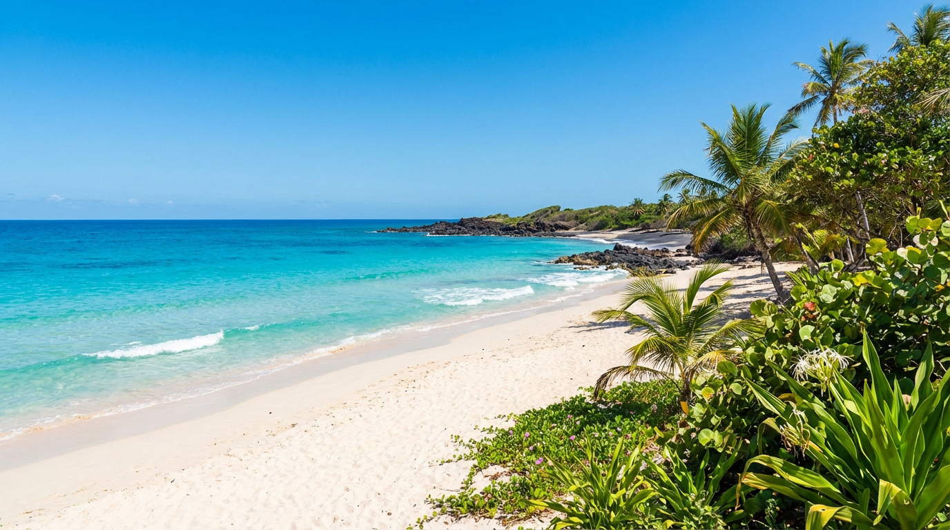 Plage de sable blanc et eaux turquoise, rochers volcaniques, palmiers et végétation tropicale luxuriante sous un ciel bleu.