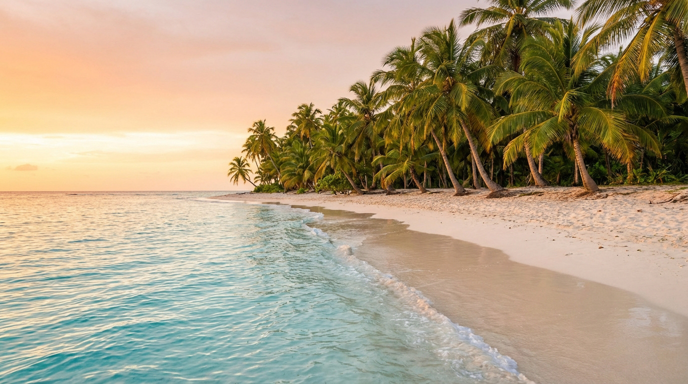 Plage tropicale de sable blanc bordée de palmiers verts sous un ciel orangé au coucher du soleil, avec des vagues turquoise.