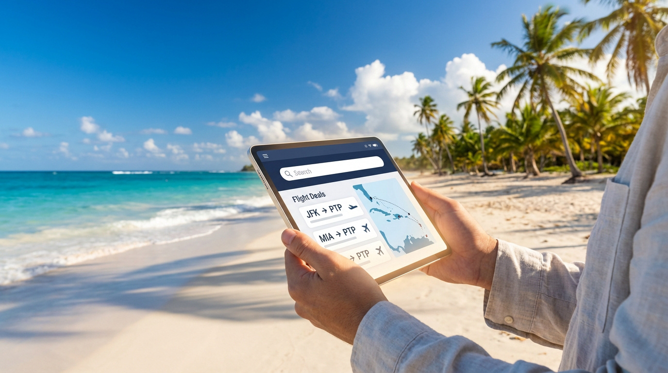 Mains tenant une tablette affichant des offres de vols (vers PTP, Guadeloupe) sur fond de plage paradisiaque avec palmiers et océan.