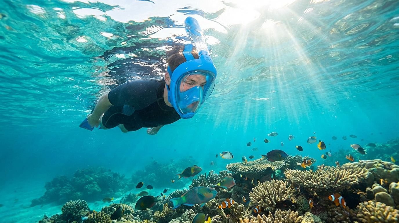 Homme en masque intégral bleu explorant un récif corallien coloré. Rayons de soleil et poissons tropicaux. Confort et sécurité sous l'eau.