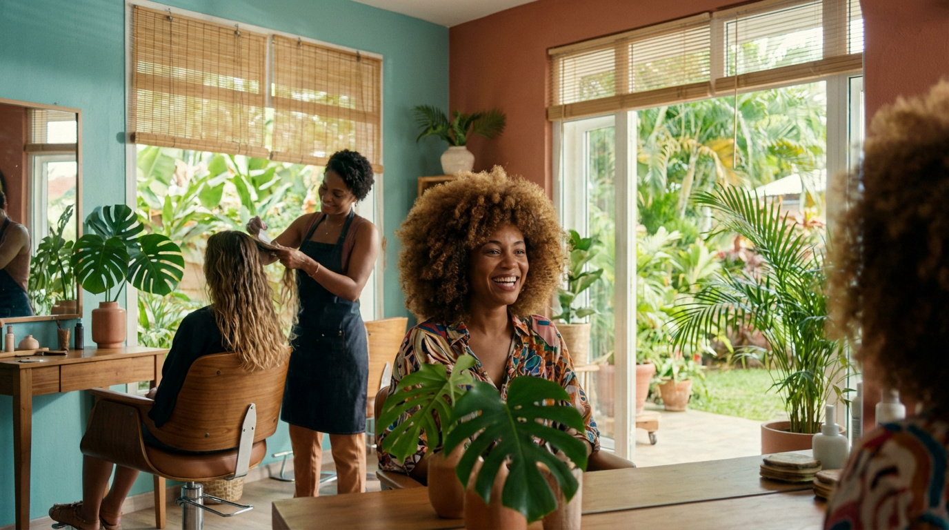 Salon de coiffure lumineux et verdoyant. Une coiffeuse stylise les cheveux d'une cliente. Une autre cliente aux cheveux afro rit joyeusement.