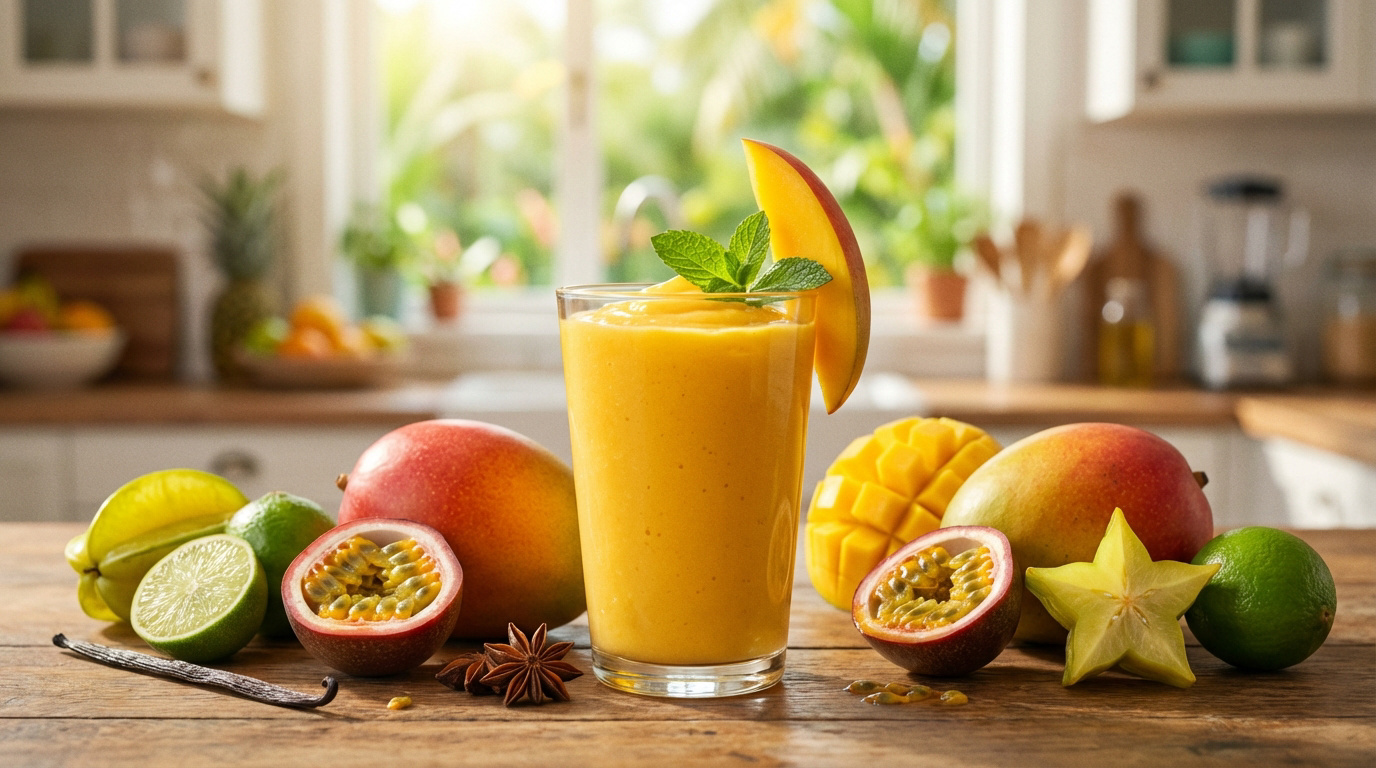 Verre de smoothie mangue et fruits tropicaux (passion, carambole) sur table en bois dans cuisine lumineuse avec verdure.