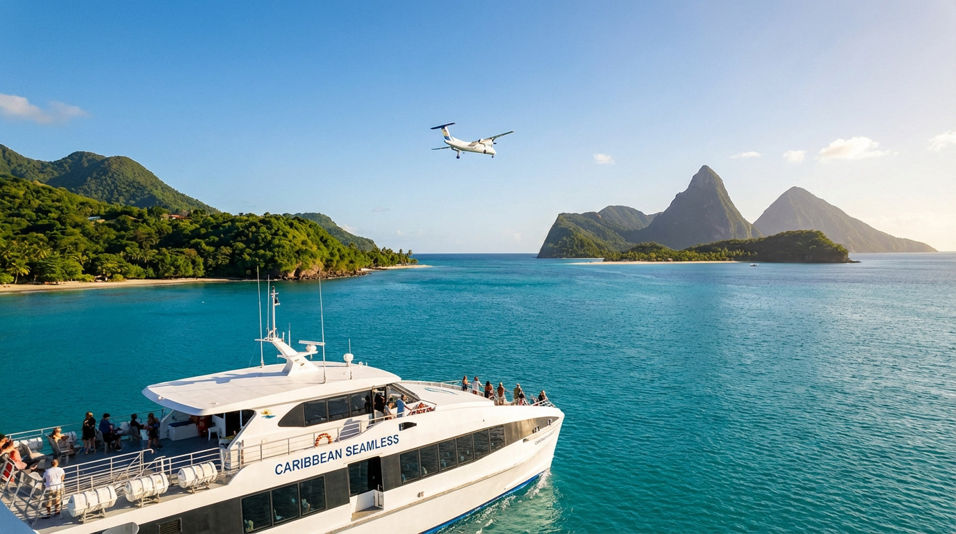 Un ferry "Caribbean Seamless" avec passagers et un avion volant au-dessus des Pitons de Sainte-Lucie, mer turquoise et îles vertes.