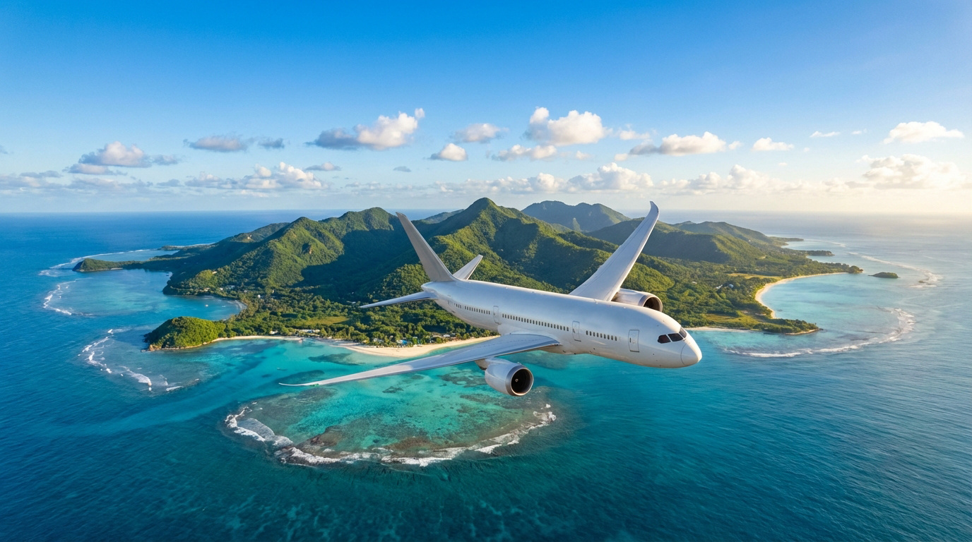Avion blanc survolant une île tropicale avec montagnes verdoyantes, plages de sable et eaux turquoise scintillantes.
