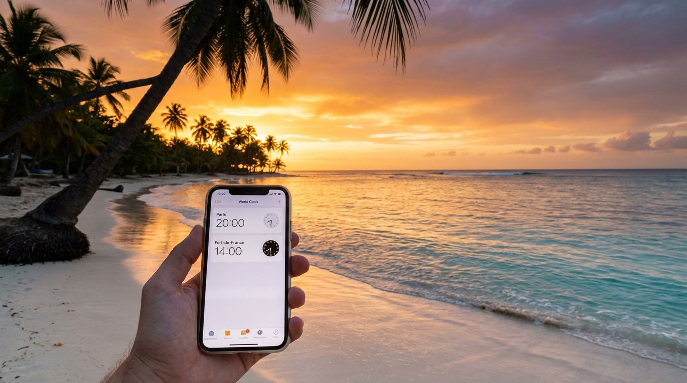 Main tenant un téléphone sur une plage de Martinique au coucher du soleil, affichant le décalage horaire Paris/Fort-de-France.
