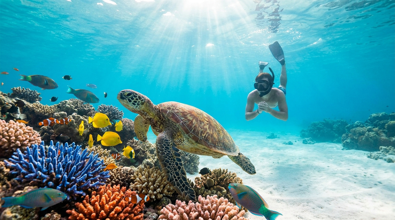 Un plongeur en apnée observe une tortue marine nageant près d'un récif corallien coloré avec de nombreux poissons tropicaux sous l'eau claire.
