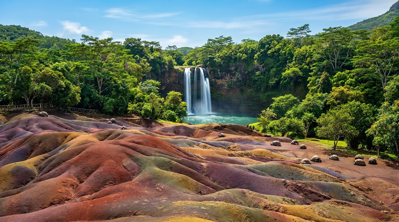 Vue panoramique des Terres des Sept Couleurs de Chamarel avec des tortues géantes et la majestueuse cascade au loin, Île Maurice.