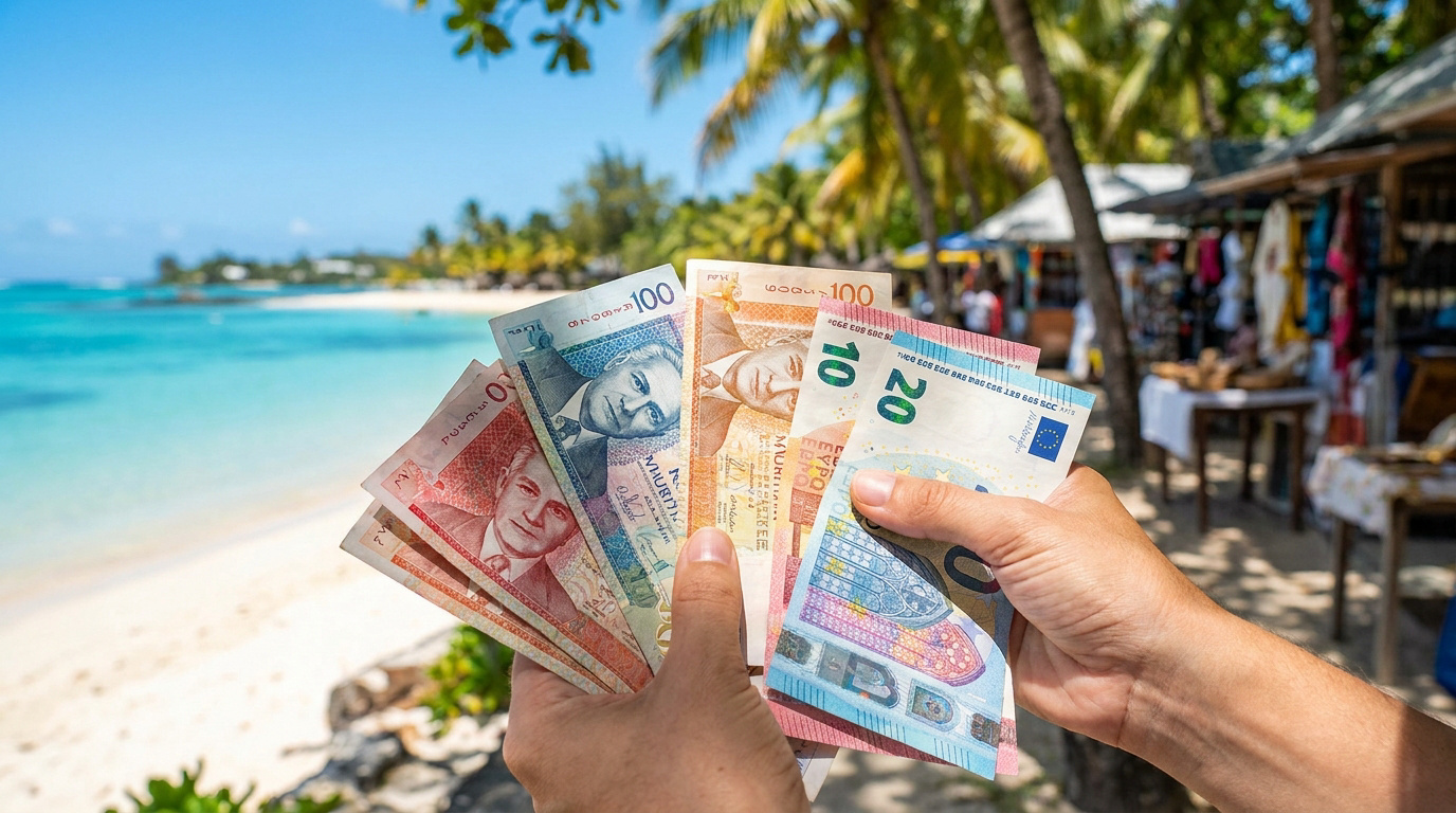 Deux mains tiennent des roupies mauriciennes et des euros devant une plage de sable blanc et des échoppes de marché tropicales.