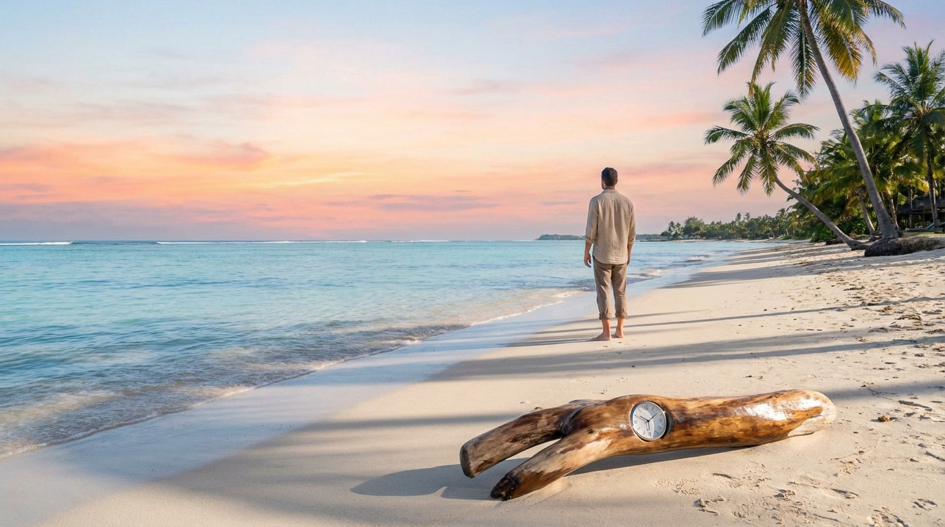 Vue arrière d'un homme pieds nus sur une plage de sable fin, face à l'océan turquoise sous un ciel pastel. Du bois flotté avec une horloge est au premier plan.
