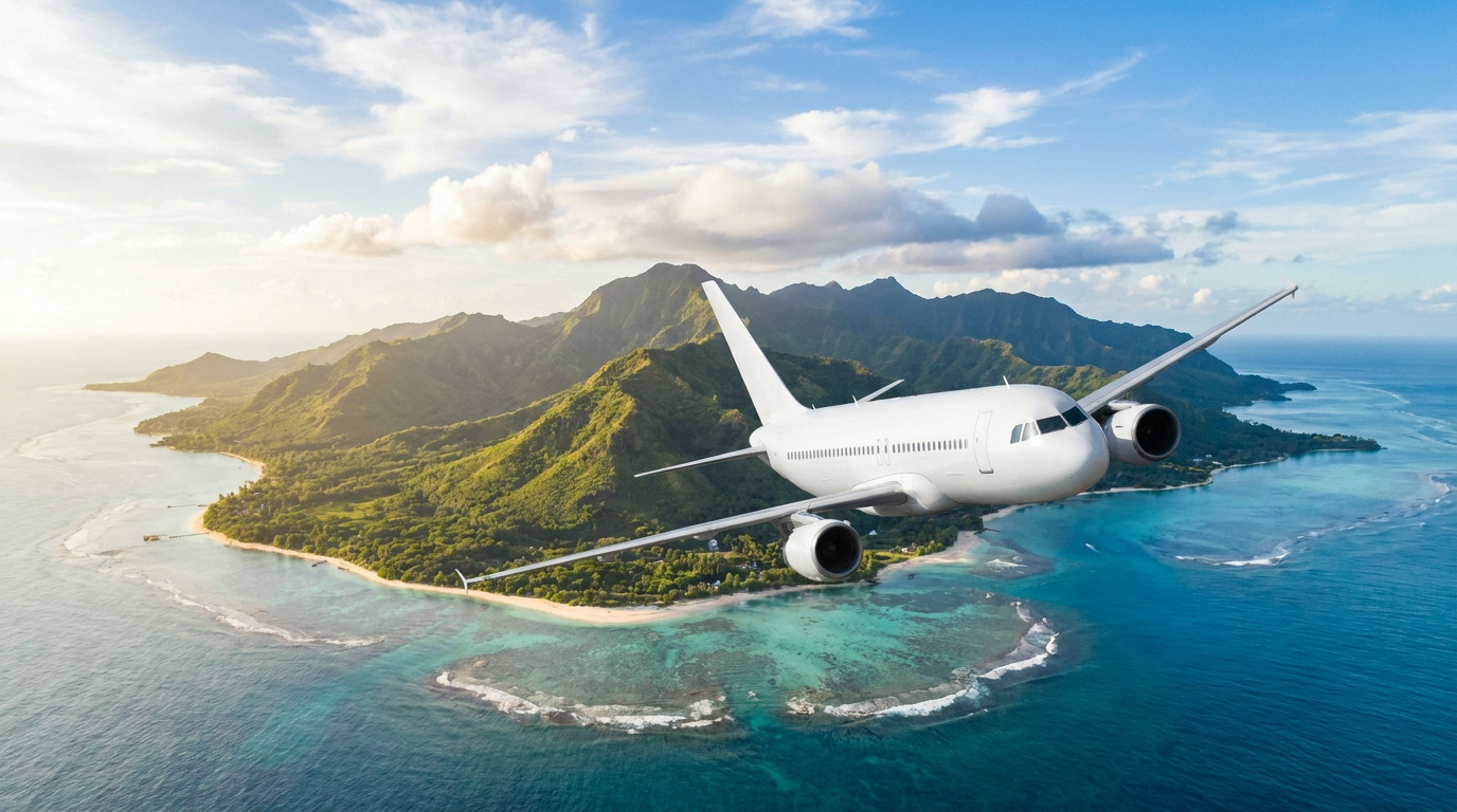 Un avion blanc survole une île tropicale avec montagnes verdoyantes, plages de sable et mer turquoise scintillante.