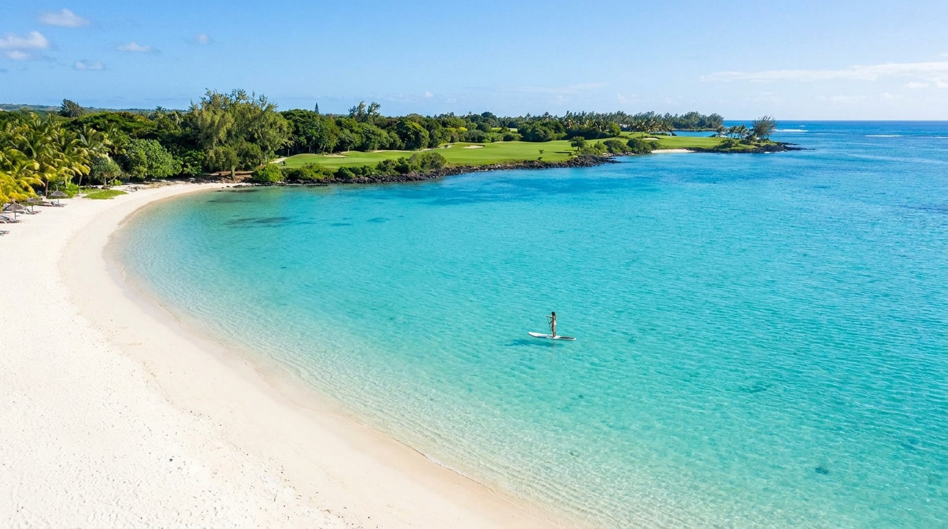 Magnifique plage de sable blanc et eaux turquoise à Belle Mare, Île Maurice, avec une personne en paddle et un golf verdoyant.