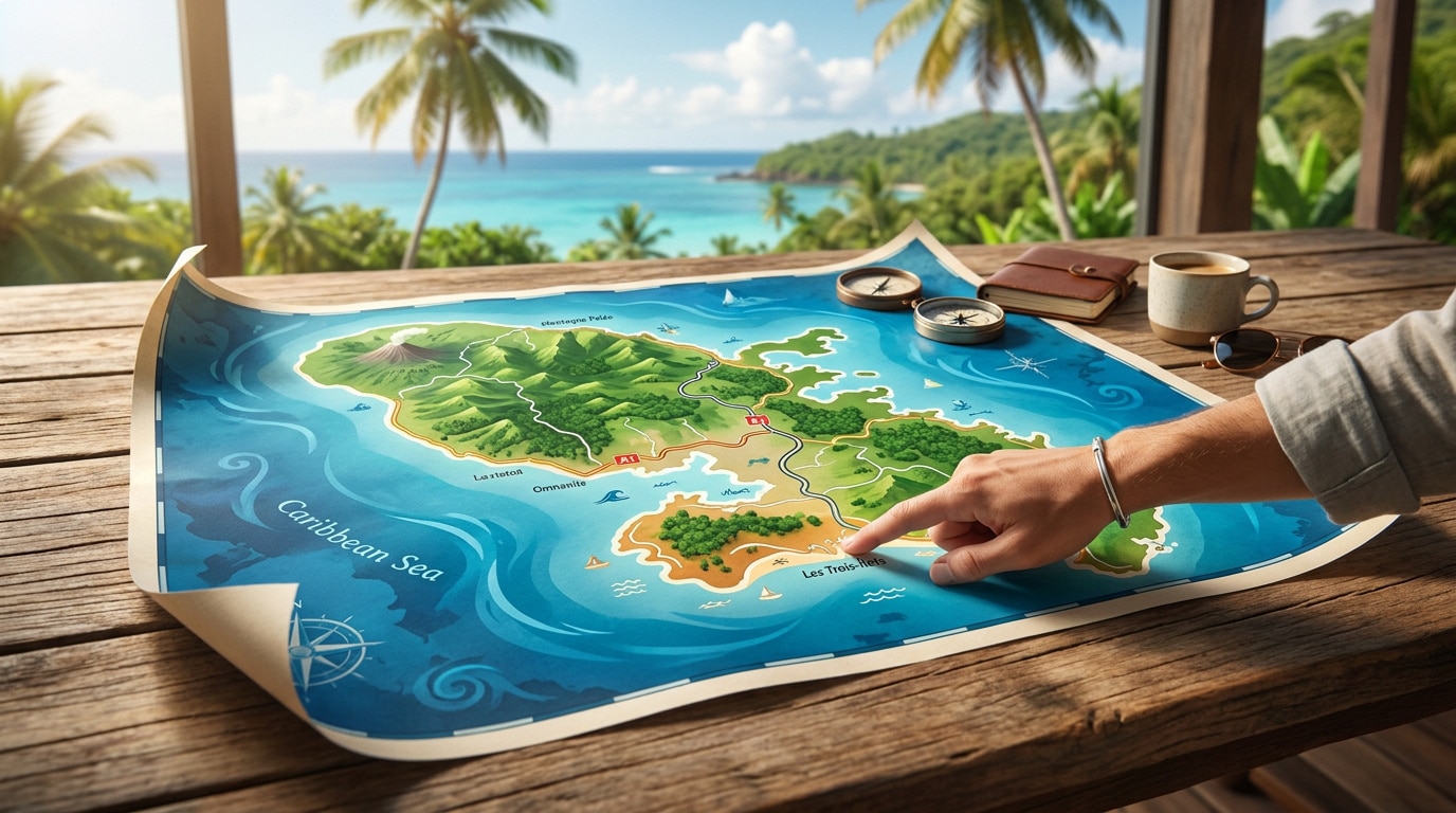Main pointant sur une carte détaillée de la Martinique (itinéraires, reliefs), sur une table en bois avec vue mer et palmiers.