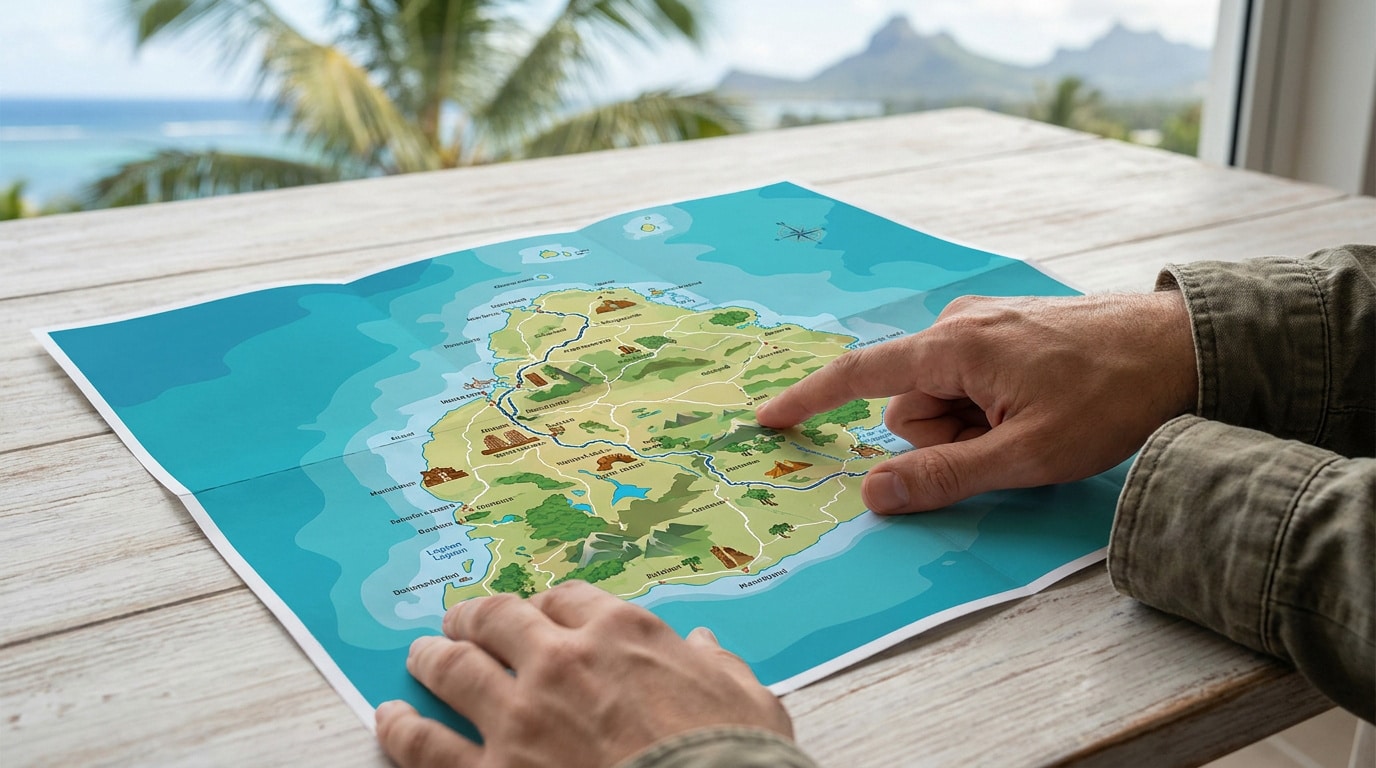 Mains sur une carte illustrée de l'île Maurice posée sur une table en bois, avec vue sur la mer et montagnes en arrière-plan.