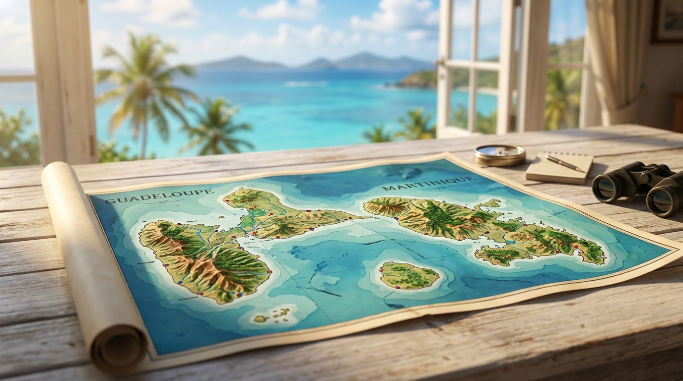 Carte de la Guadeloupe et Martinique sur table bois, compas, jumelles. Vue tropicale mer turquoise et palmiers.