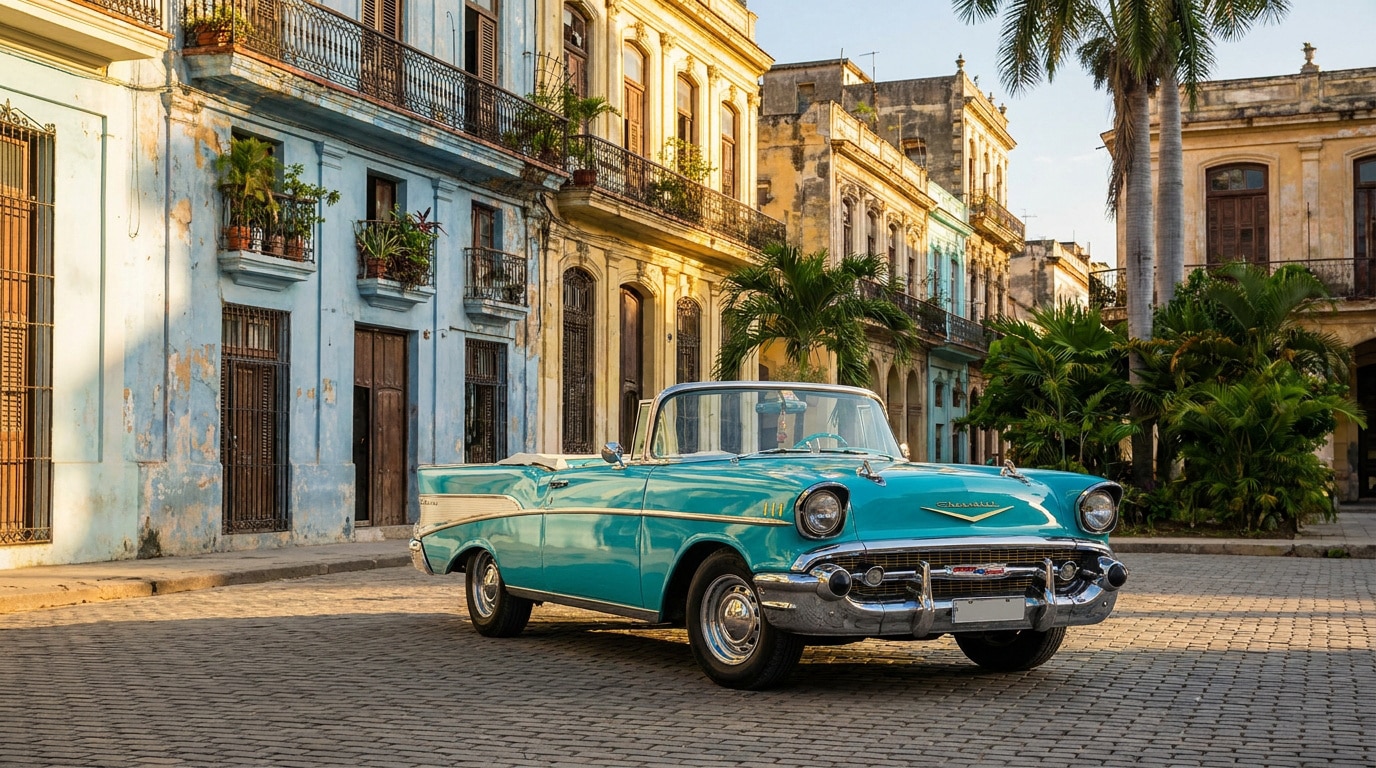 Une voiture décapotable turquoise, type Chevrolet Bel Air classique, garée sur une rue pavée devant de vieux bâtiments colorés à Cuba.