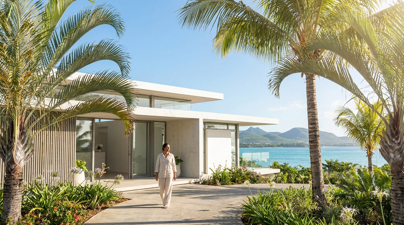 Femme en vêtements clairs marchant devant une villa moderne avec palmiers, mer turquoise et montagnes mauriciennes.