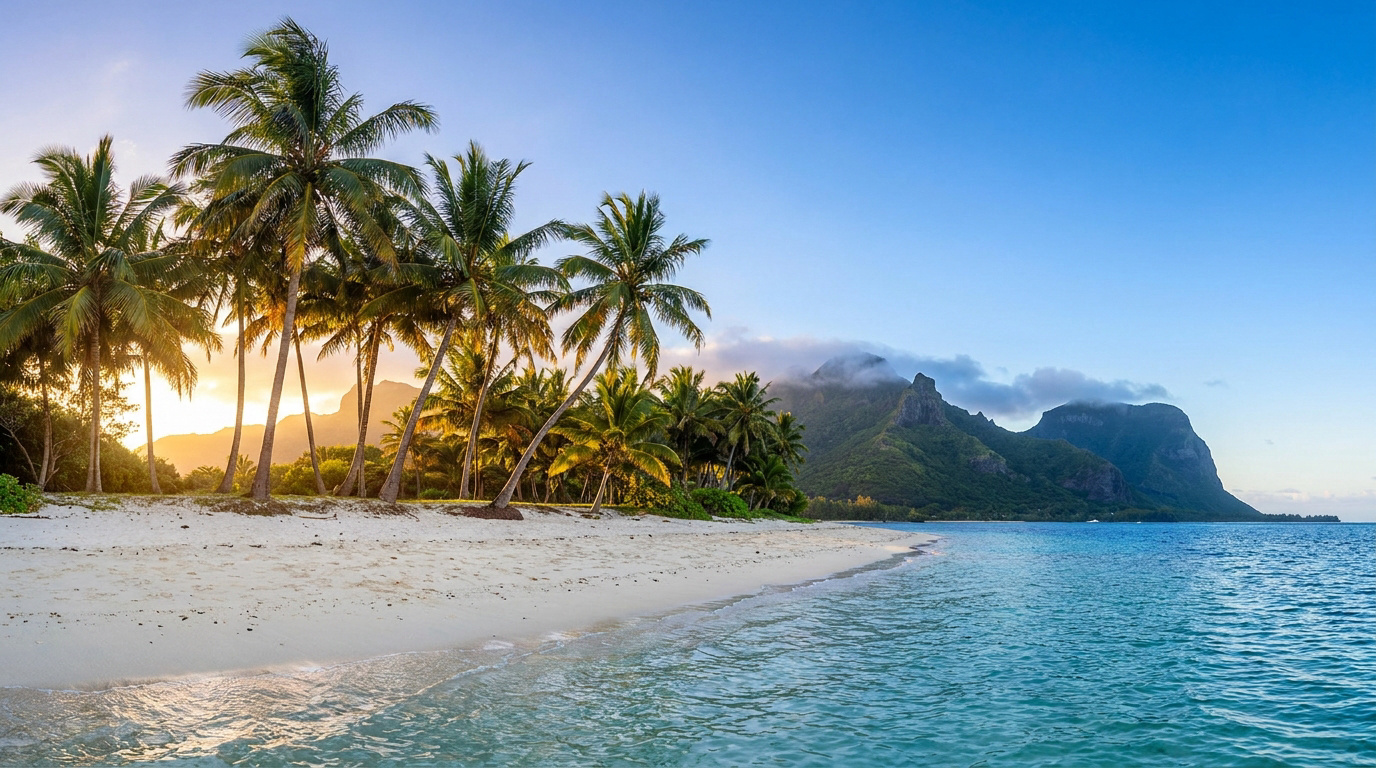 Photo panoramique d'une plage tropicale avec sable blanc, palmiers, mer turquoise et montagnes luxuriantes sous un ciel lumineux.