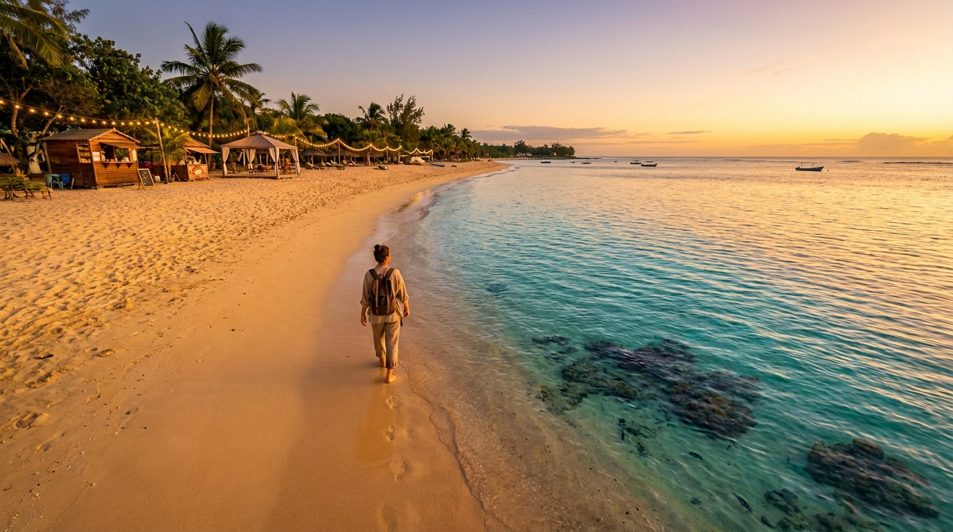 Une personne marche le long d'une plage de sable fin à Flic en Flac au coucher du soleil, avec palmiers, paillotes illuminées et mer turquoise.