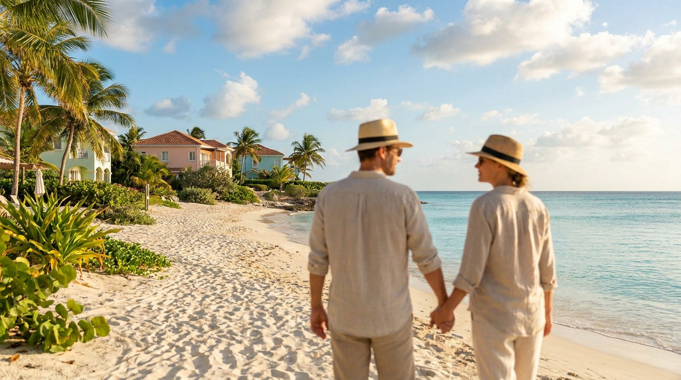 Couple se tenant la main sur une plage de sable fin, face à l'océan turquoise, avec palmiers et villas colorées.