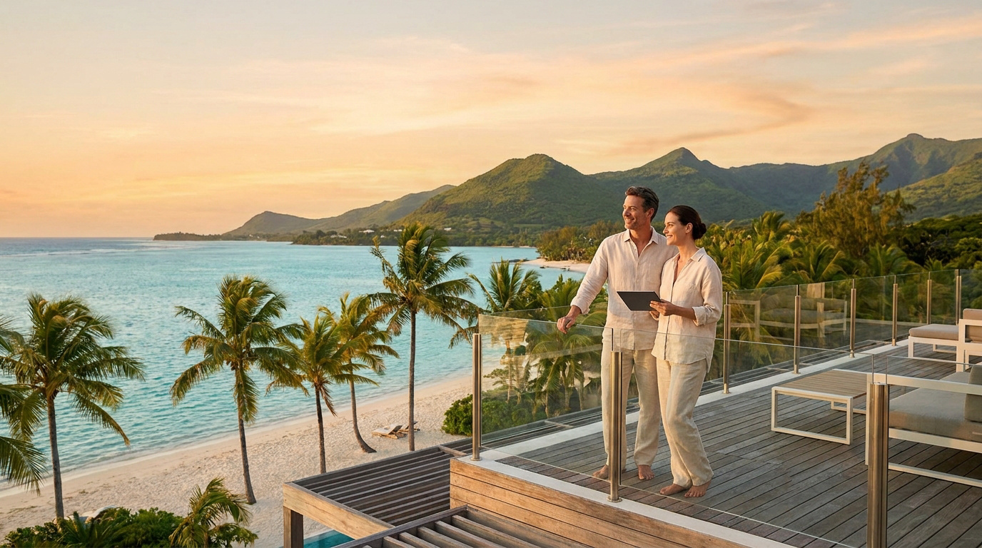 Un couple souriant sur une terrasse moderne, contemplant une plage tropicale avec palmiers et montagnes à l'île Maurice.