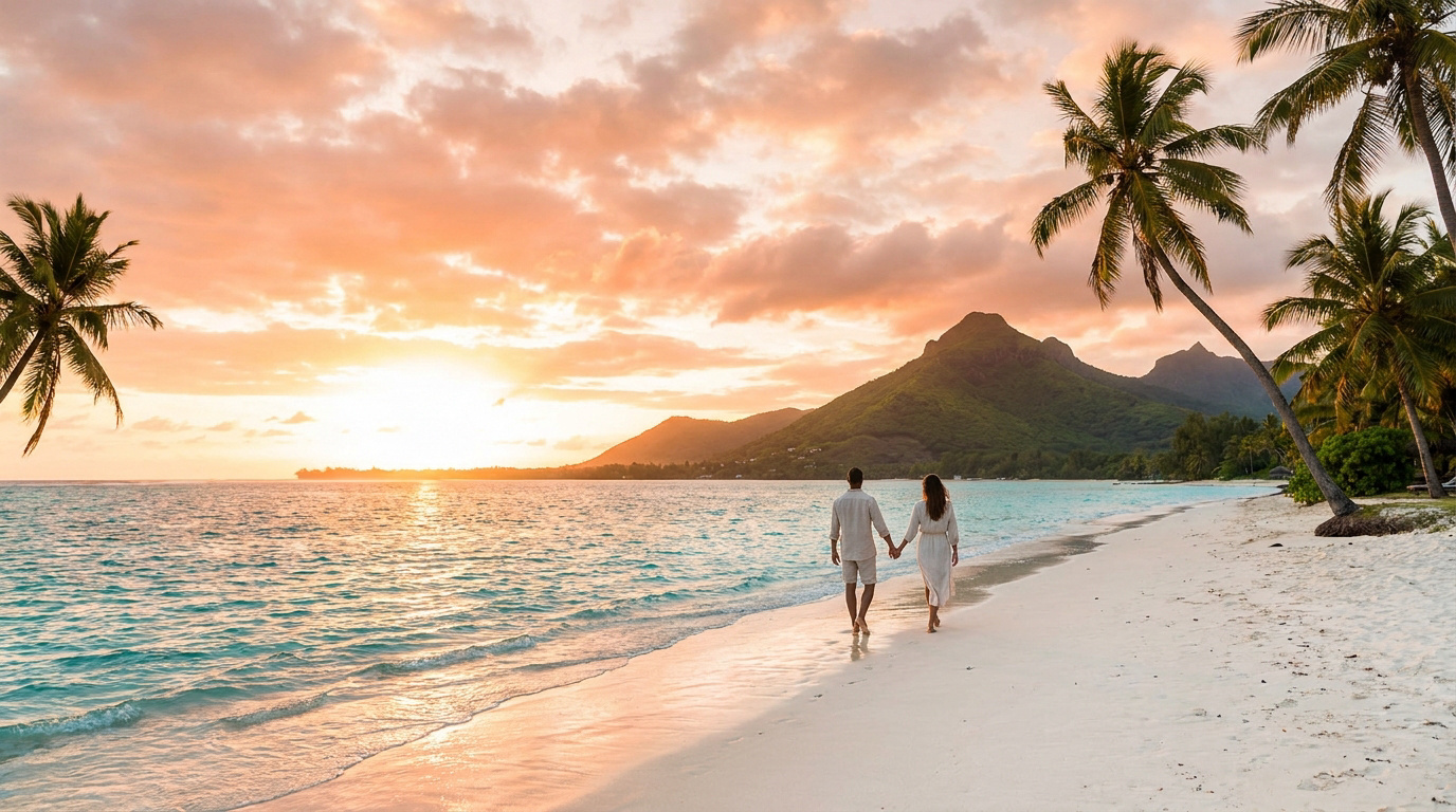Couple marchant main dans la main sur une plage tropicale au coucher du soleil, palmiers et montagnes en arrière-plan.