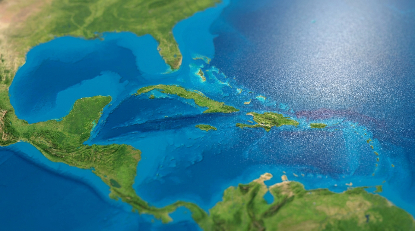 Carte 3D en relief montrant Cuba, les Caraïbes et des parties de l'Amérique du Nord et Centrale, avec les profondeurs marines.