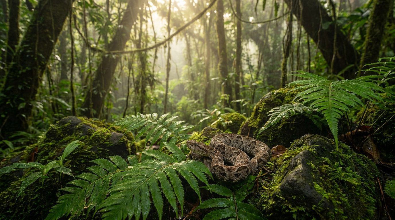 Serpent camouflé, brun-gris, enroulé sur roches moussues et fougères dans une dense forêt tropicale sous un soleil voilé.