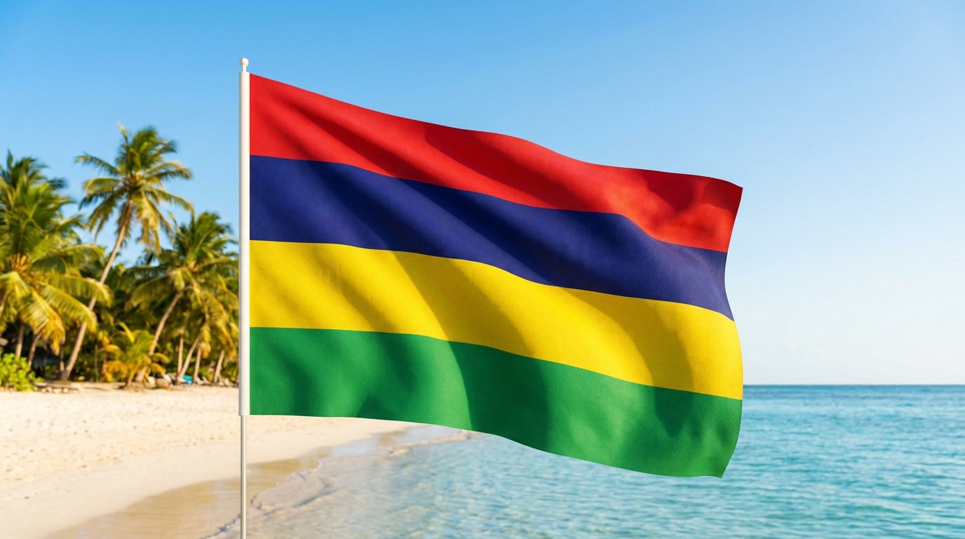 Drapeau de l'île Maurice (rouge, bleu, jaune, vert) flottant devant une plage de sable fin, cocotiers et mer turquoise.