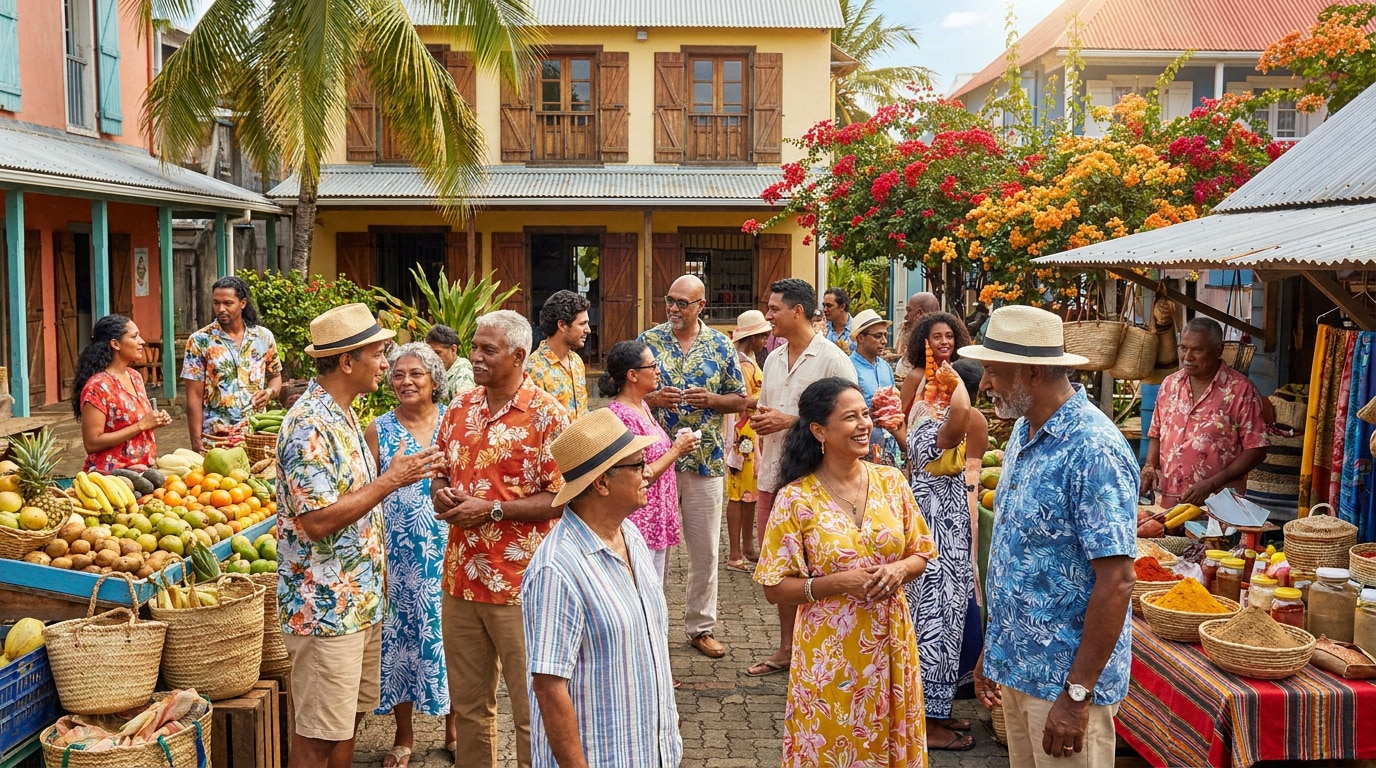 Foule diverse au marché mauricien sous le soleil, avec des étals de fruits, épices et tissus, entourée de maisons colorées.
