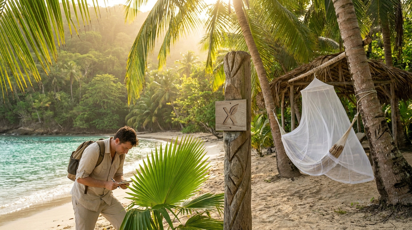 Un explorateur sur une plage tropicale avec jungle, observant des notes près d'un poteau sculpté et d'un hamac protégé par une moustiquaire.