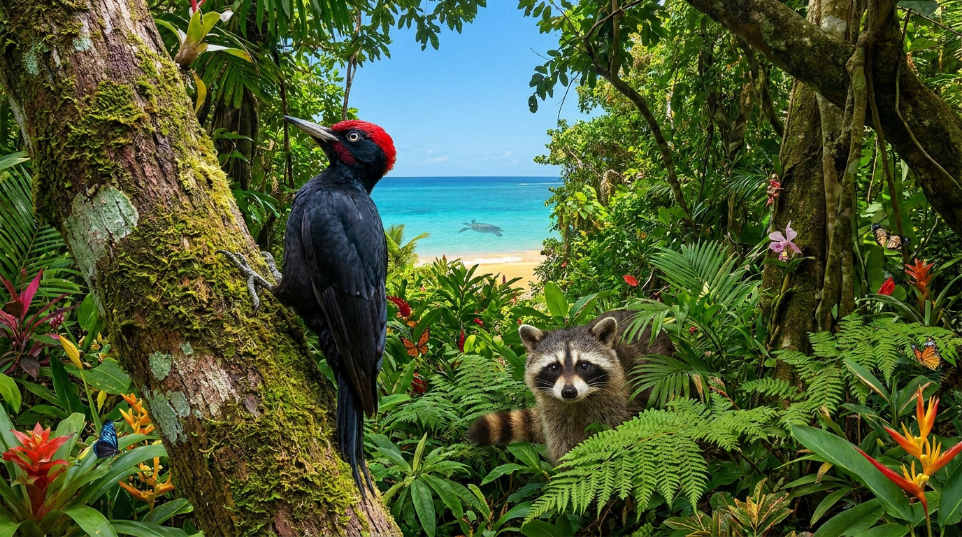 Pic, raton laveur, papillons dans une forêt tropicale luxuriante, avec plage, mer turquoise et tortue marine.