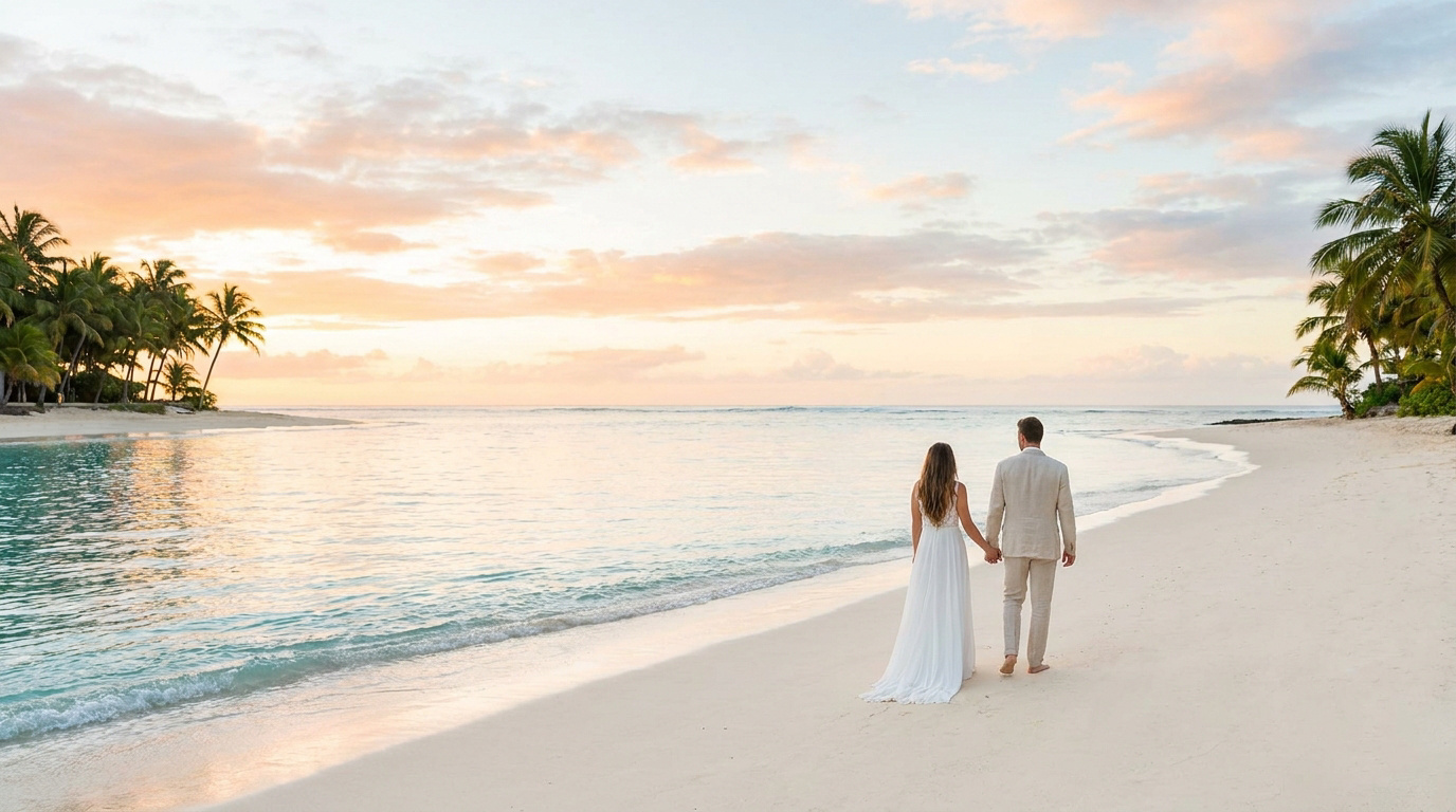 Mariés sur une plage paradisiaque de l'île Maurice, marchant main dans la main au coucher du soleil.