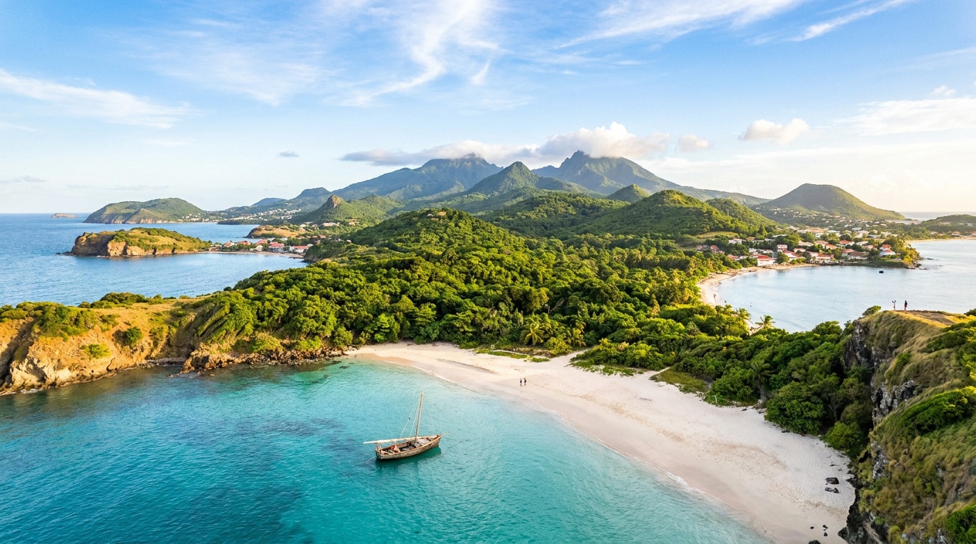 Vue aérienne d'une plage de sable blanc bordée d'eaux turquoise, de végétation luxuriante et de montagnes en Guadeloupe.