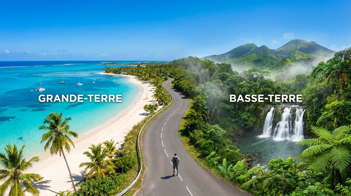 Vue aérienne de la Guadeloupe divisée : plage turquoise de Grande-Terre à gauche, forêt tropicale et cascade de Basse-Terre à droite.