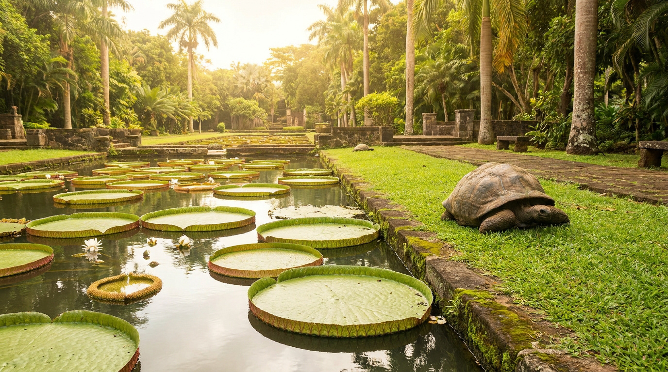 Une tortue géante sur l'herbe près de nénuphars flottant sur un étang, avec des palmiers sous un ciel doré.