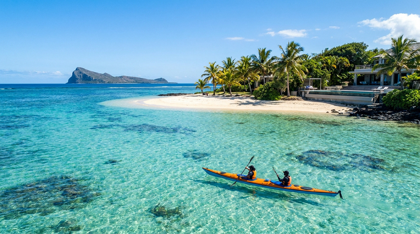 Vue aérienne d'une plage de Calodyne, Île Maurice, avec une villa luxueuse, des palmiers et deux personnes en kayak sur des eaux turquoises.