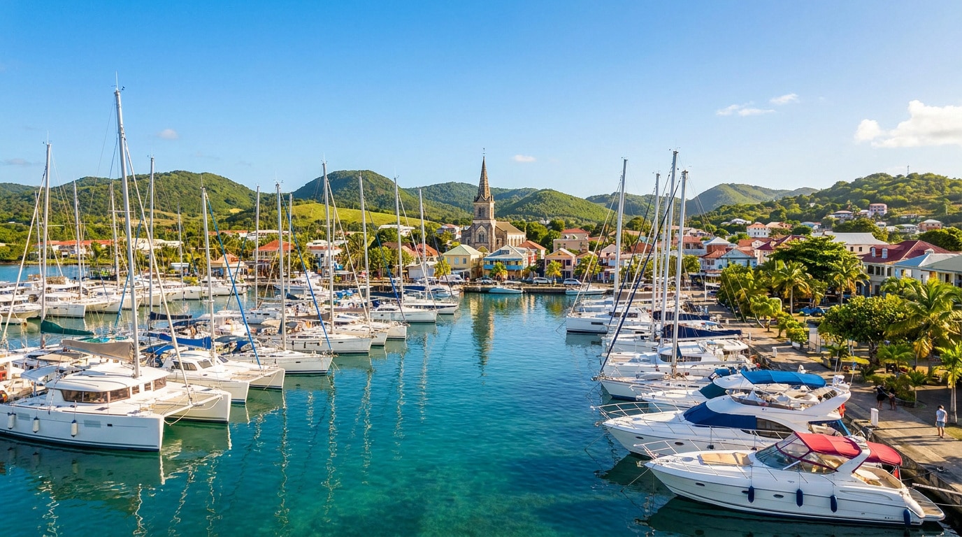 Marina du Marin en Martinique avec voiliers, église et village coloré sous ciel bleu, entourée de collines verdoyantes. Eau cristalline.